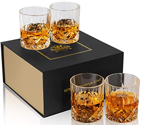 Crystal Whiskey Glass Set - 10 Oz Old Fashioned Tumblers for Bourbon & Scotch