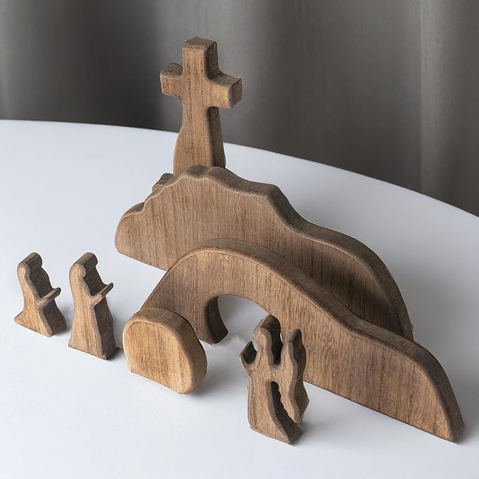 Wooden Easter Resurrection Scene, 7-Piece Empty Tomb & Cross Tabletop Decor