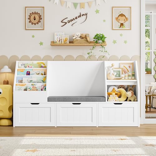 Kids Bookshelf and Toy Storage Organizer with Reading Nook and 3 Drawers