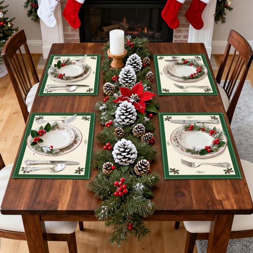 OTOSTAR Christmas Tree Green Placemats Set of 6, 12x18 Inch Holiday Table Decor