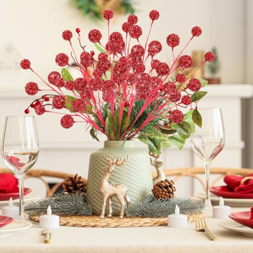 Suncalla 10pcs Christmas Glitter Berry Stems 19.7in Red - Holiday Tree & Decor