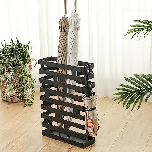 Modern Metal Umbrella Stand for Entryway with Water Tray and Hooks, Black