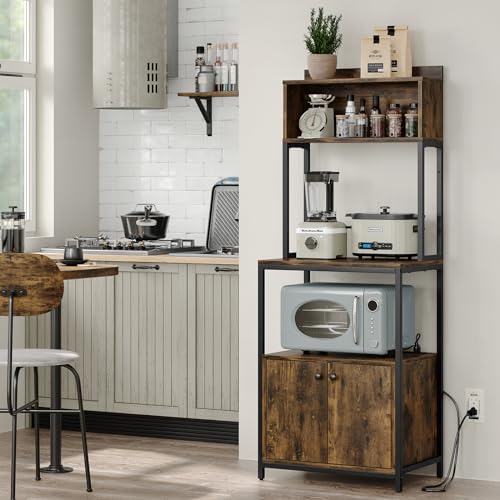 5-Tier Kitchen Bakers Rack with Power Outlet and Cabinet, Rustic Microwave Stand