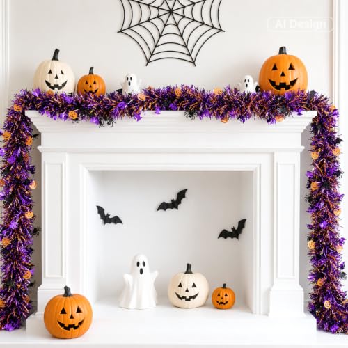 Halloween Metallic Tinsel Garland with Pumpkin & Bat Accents, 33 FT