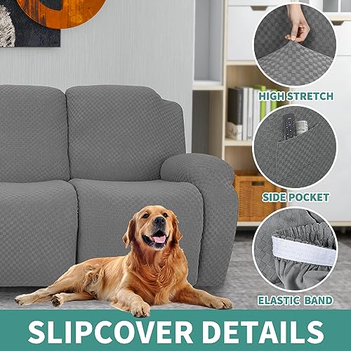 Stretch Loveseat Recliner Slipcover - 6 Piece Jacquard Cover, Light Gray