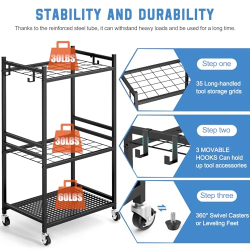 Garden Tool Organizer Rack with Wheels for Garage Storage 35 Slots