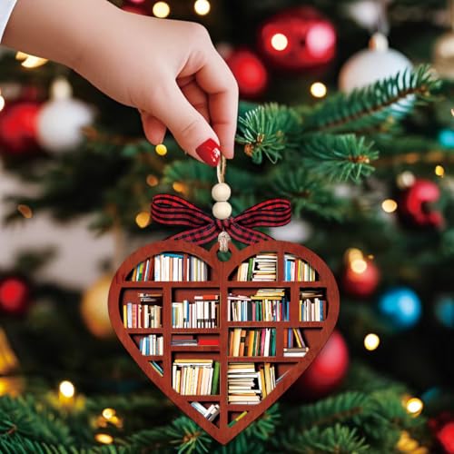 Heart Bookshelf Christmas Ornament, Wooden Book Lover Gift for Readers