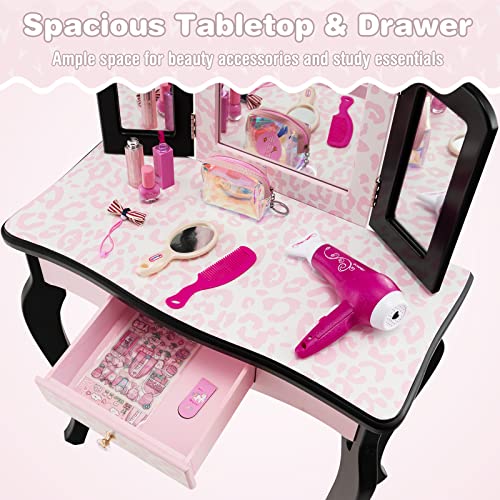 Kids Vanity Set with Tri-Folding Mirror and Stool, Pink Leopard Print
