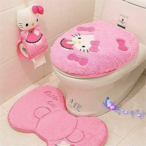 4-Piece Pink Cartoon Cat Bathroom Set: Non-Slip Bath Mat & Toilet Cover