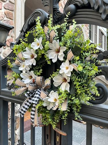 24-Inch Artificial Magnolia Wreath with Buffalo Plaid Bow for Front Door