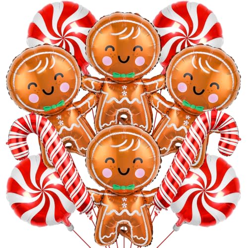 Gingerbread Man Candy Christmas Foil Balloons Set - 10PCS Holiday Party Decorations with Red Candy Cane & Lollipop Balloons