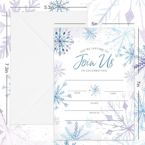 Winter Snowflake Invitation Cards Set with Envelopes & Stickers - 20 Pack, 5x7 Inch for Christmas Weddings & Parties