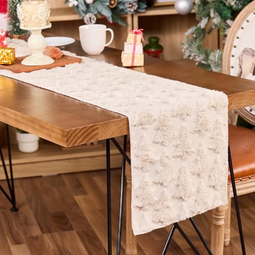 Mostop Cream Tree Christmas Table Runner 13x72 Inch Faux Fur Holiday Decor