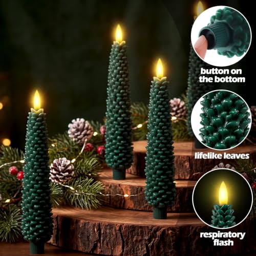 Funtery 6-Pack 10in LED Pine Cone Candles Flameless Real Wax with Remote (Green Pinecorn)