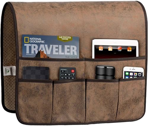 Faux Leather Sofa Armrest Organizer with 6 Pockets for Remote Control