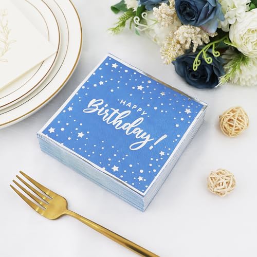 Vuzvuv Confetti HBD Blue 52 Pack Happy Birthday Cocktail Napkins 3-Ply, Silver Foil, 5" Folded, Party Supplies