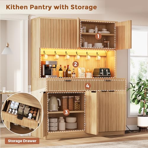 Fluted Kitchen Pantry Cabinet with Charging Station and LED Lighting