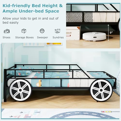 Twin Size Race Car Bed Frame for Kids with Safety Guardrails & Metal Slats
