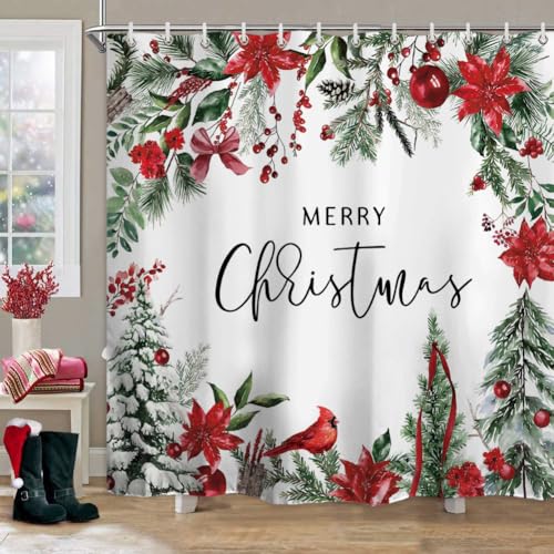 Baccessor Merry Christmas Shower Curtain 72x72 In - Winter Poinsettia & Cardinals Design, Waterproof Polyester