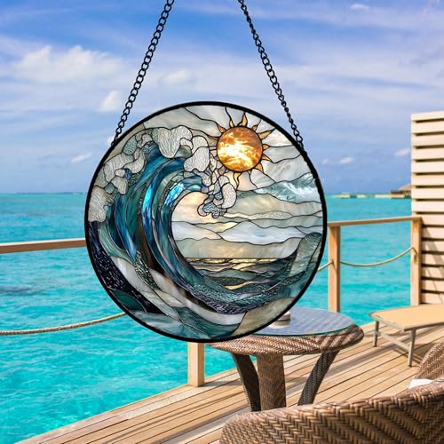 DASTOLL Blue and White Waves Stained Glass Window Suncatcher 14.9x14.9 Inch Gift