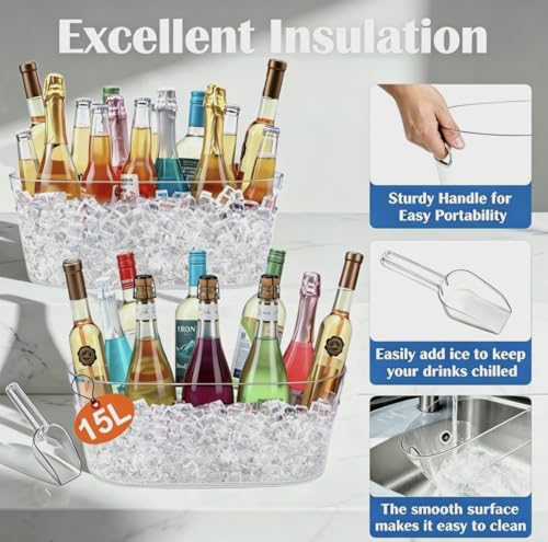 15L Large Ice Bucket for Parties & Events with Scoop - Clear Beverage Tub