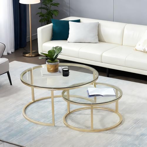 Round Nesting Coffee Table Set of 2, Modern Gold Metal and Tempered Glass