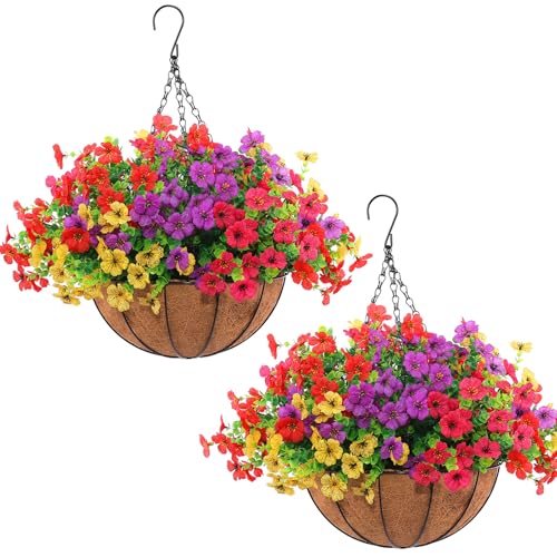 Artificial Outdoor Flowers with Hanging Baskets - Set of 2 UV Resistant Plants
