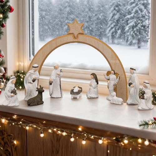 11-Piece Christmas Nativity Set with Wooden Arched Stable & Resin Figurines