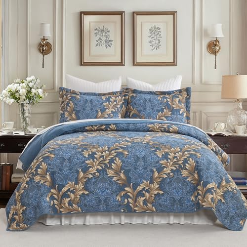 100% Cotton King Quilt Set - Reversible Blue Damask 3-Piece Bedspread