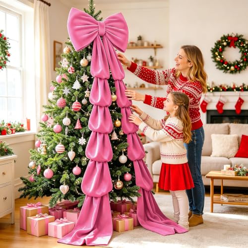 Hot Pink 75x23 Inch 3D Full Shape Christmas Tree Bow Topper for 6-9 Ft Trees