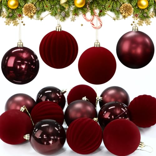 12-Pack Burgundy Christmas Ornaments - Velvet Ball Tree Decorations