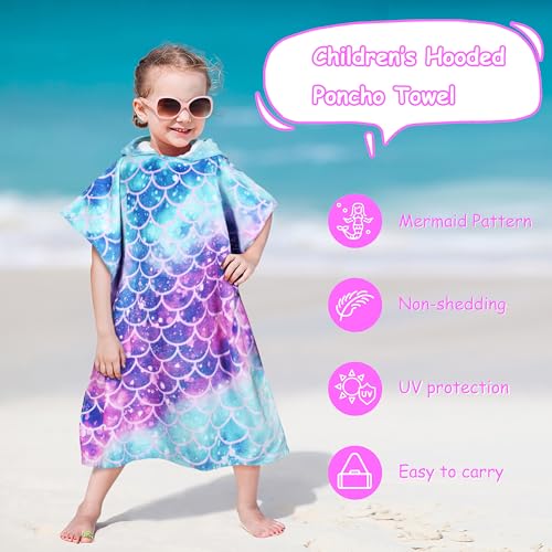 Catalonia Kids Mermaid Hooded Towel Poncho – 100% Cotton Swim Robe for Girls 2-6