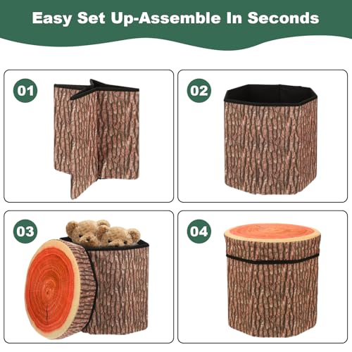 3-Piece Tree Stump Storage Ottoman Set, Folding Toy Box & Stool