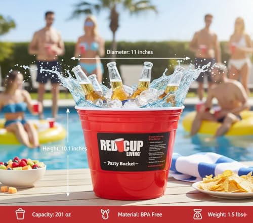 Red Cup Living Large 201 oz Insulated Party Ice Bucket - Durable Plastic Beverage Cooler for Parties & Bar