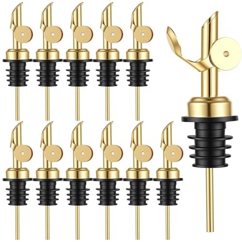 Afcabakila 12-Pack Stainless Steel Oil & Liquor Bottle Pourers with Flip Cap, Gold