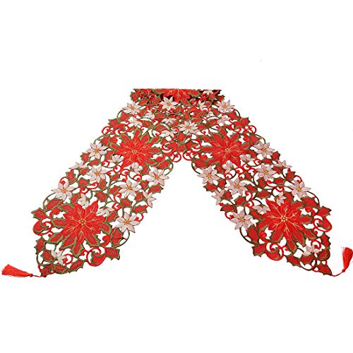 Simhomsen 13x120 Inch Embroidered Christmas Poinsettia Table Runner with Removable Tassels