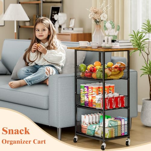 Rolling Microwave Cart with 3-Tier Storage Baskets and Shelving