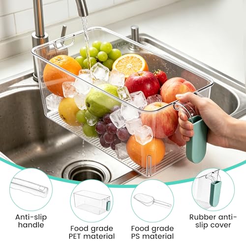 Ice Bin and Scoop Set - Clear Plastic Freezer Storage Container with Handle