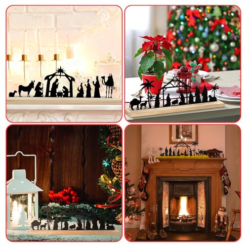 Metal Nativity Scene Tabletop Decoration with Wooden Base