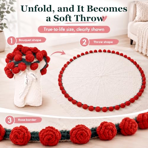 Red 43 Inch Crochet Flower Bouquet Blanket Throw - Knit 3D Rose Decor