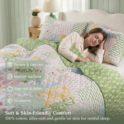 Palassio 100% Cotton Queen Quilt Set - Reversible Floral Bedspread & Shams