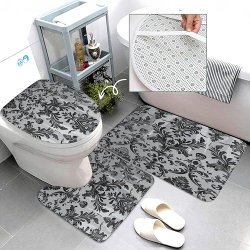 Gothic Black Damask 4-Piece Bathroom Set with Shower Curtain & Rugs