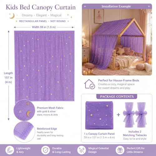 Purple Star Moon Bed Canopy for Kids Room, Sheer Tulle Drape 60x158 Inches