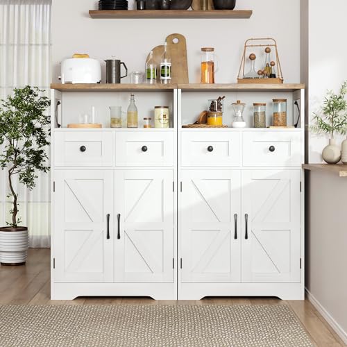 Farmhouse Storage Cabinet with 2 Drawers and Barn Doors, White Pantry