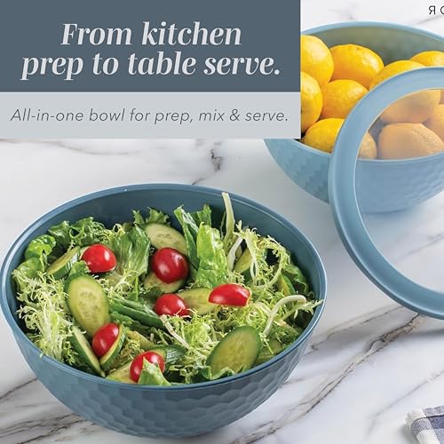 12-Piece Plastic Mixing Bowls Set with Lids - Blue Embossed Nesting Bowls