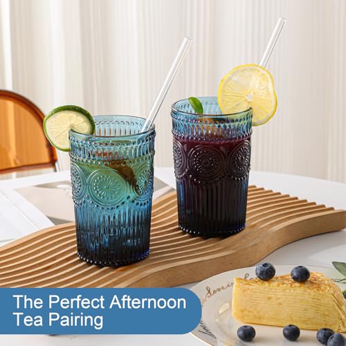 13oz Vintage Flower Drinking Glasses Set with Straws - 6 Piece Blue Glassware