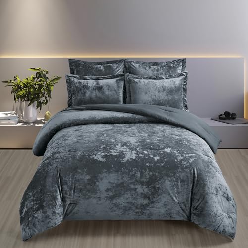 Distressed Velvet Comforter Set - 5-Piece Queen Bedding in Smoke Blue