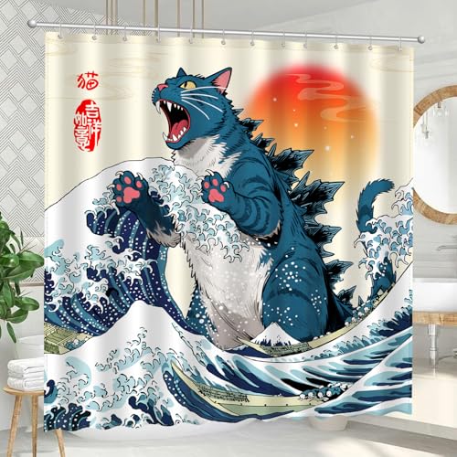 Blue Cat Monster Shower Curtain - Japanese Anime Style, 72 x 72 Inches