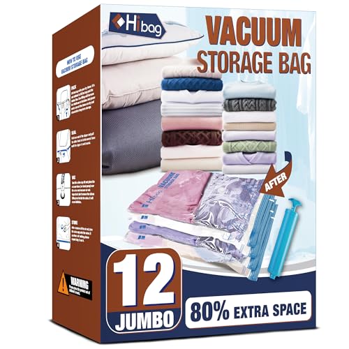 Hibag 12 Jumbo Vacuum Storage Bags for Bedding and Clothing with Hand Pump