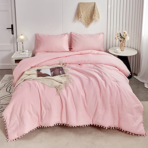 PERFEMET 5-Piece Pink Pom Pom Twin Comforter Set with Sheets & Pillowcases